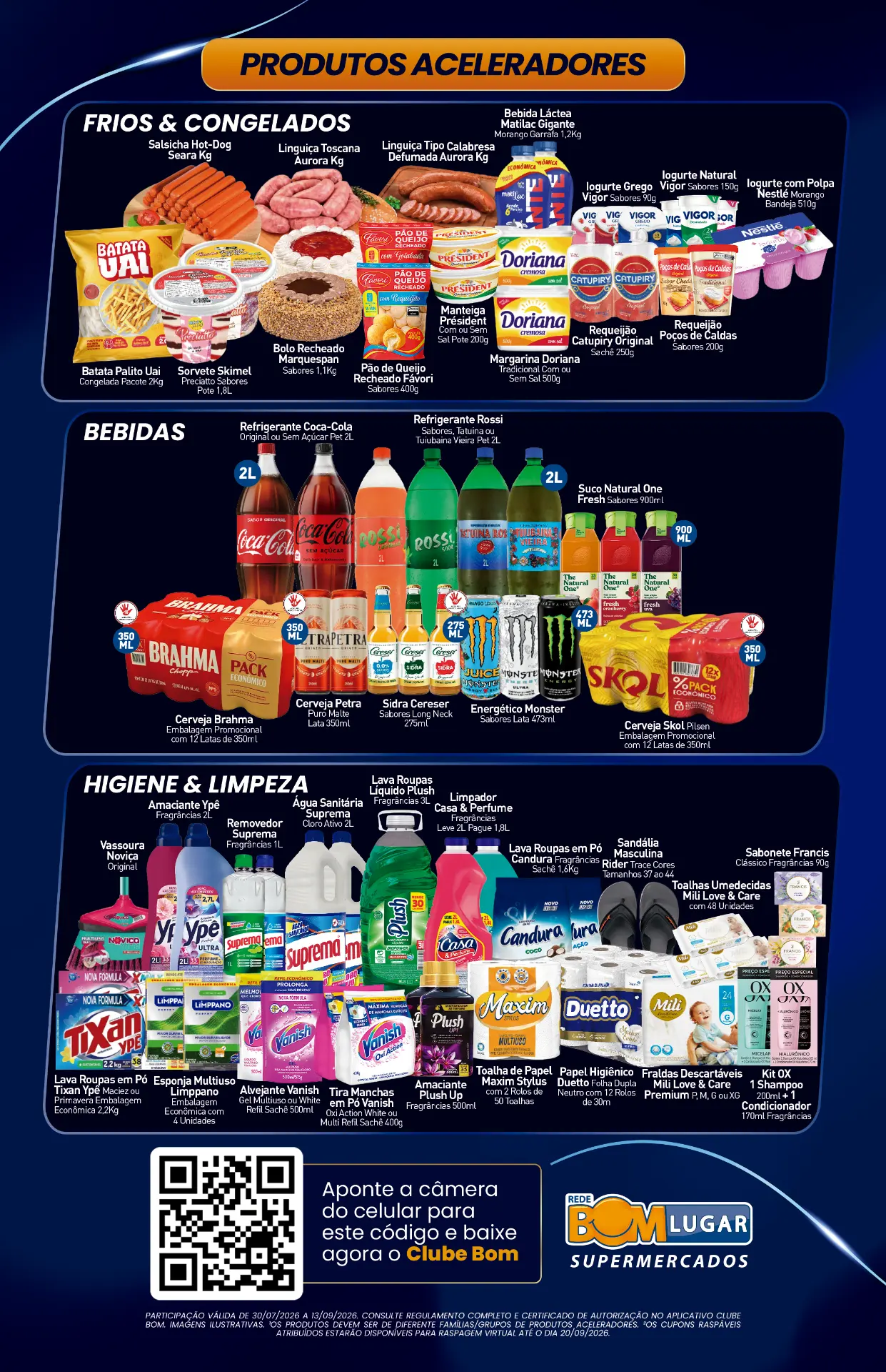 Folheto Aniversário Premiado — verso: produtos aceleradores de Frios & Congelados, Bebidas e Higiene & Limpeza