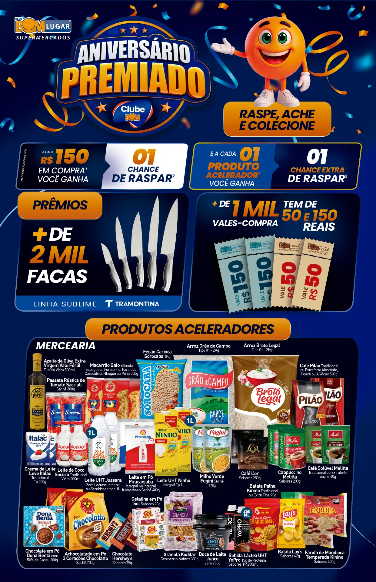 Folheto Aniversário Premiado — frente: mecânica da promoção, prêmios e produtos aceleradores da Mercearia